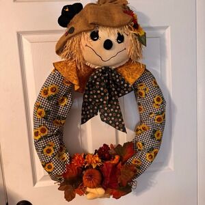 Vintage Fall Scarecrow Fabric Wreath Door Decoration w/ Sunflower & Pumpkin LRG!
